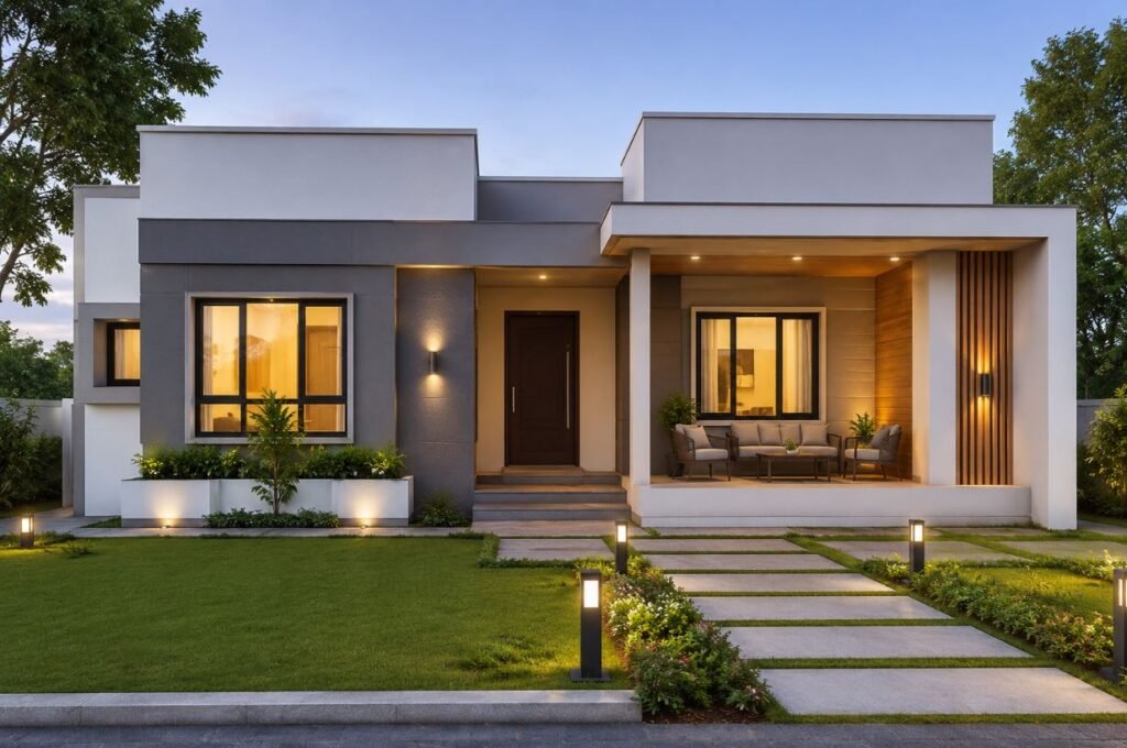 Box-type modern single floor house design with a minimalist front elevation