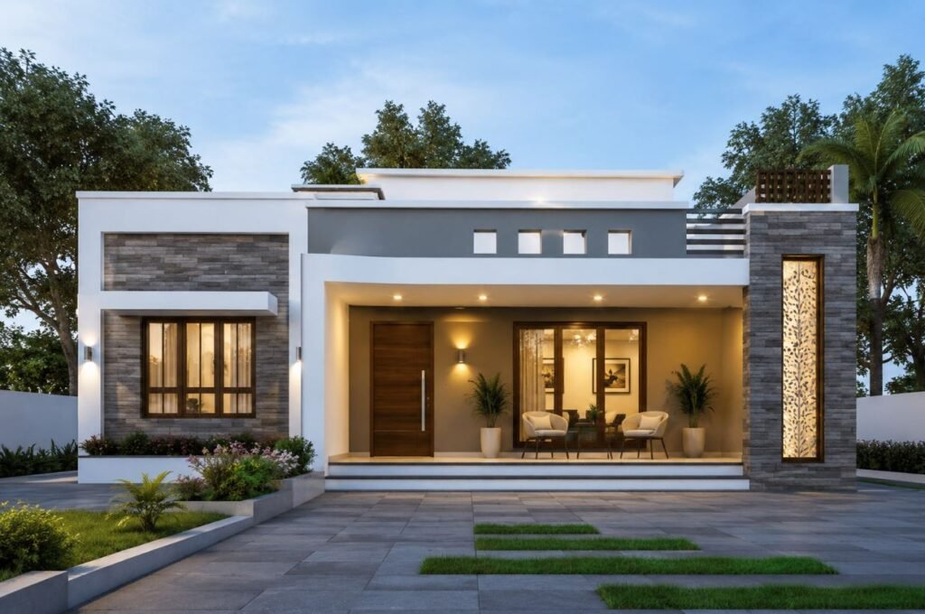 Contemporary single floor house design featuring large windows and modern architecture