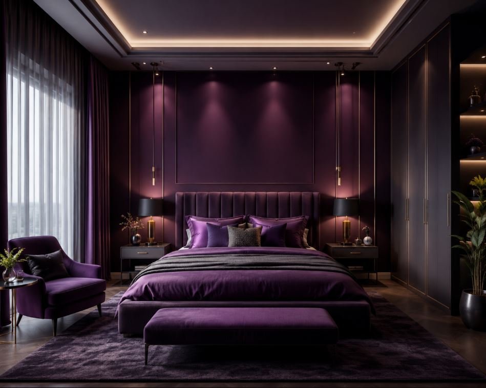 Dark purple bedroom design with luxurious lighting and décor