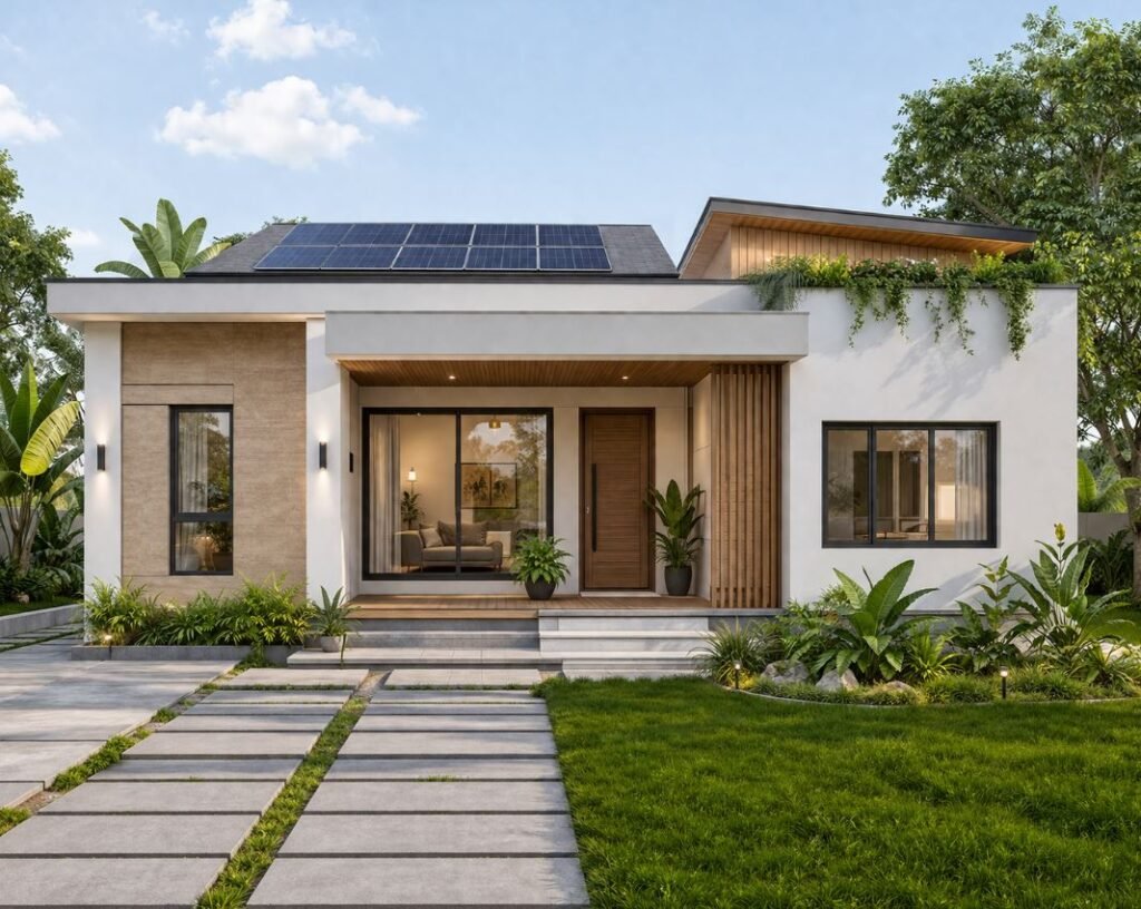 Eco-friendly modern single floor house design with solar panels and sustainable architecture