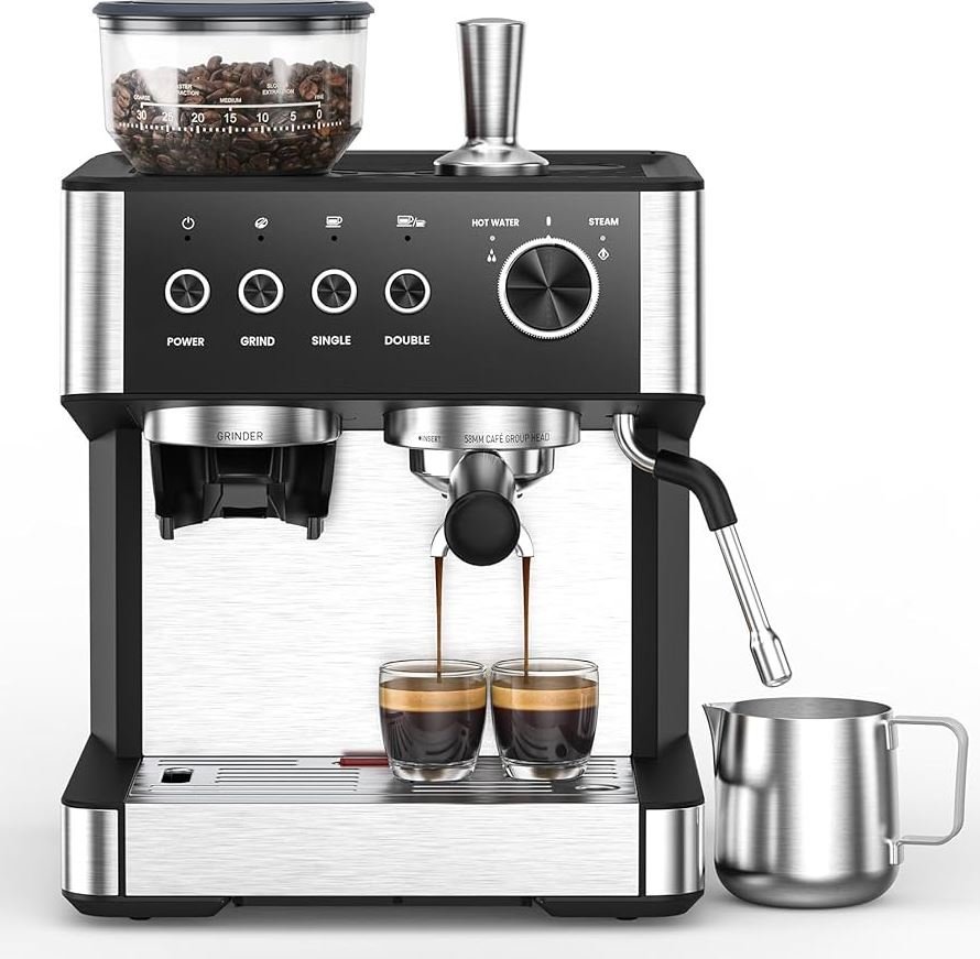 Espresso machine with integrated grinder for fresh coffee at home