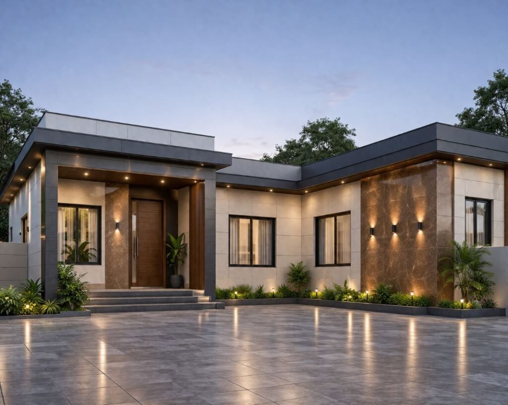 L-shaped modern single floor house design with a spacious courtyard