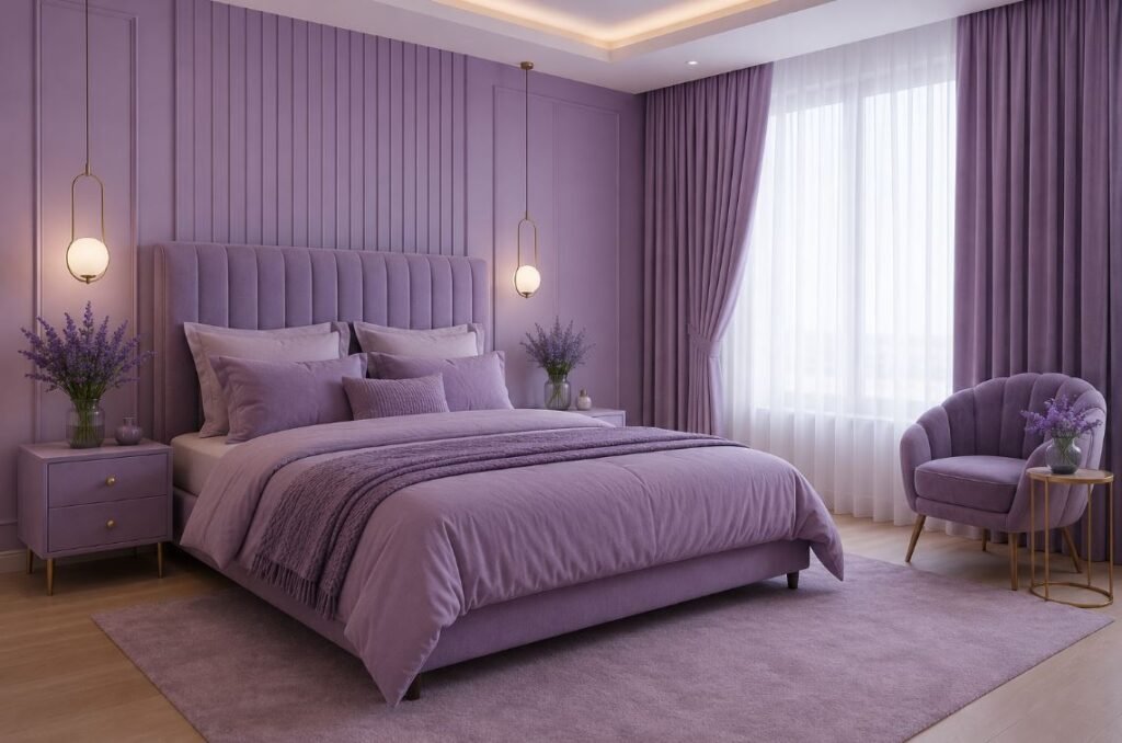 Lavender purple bedroom design with soft tones and white furniture