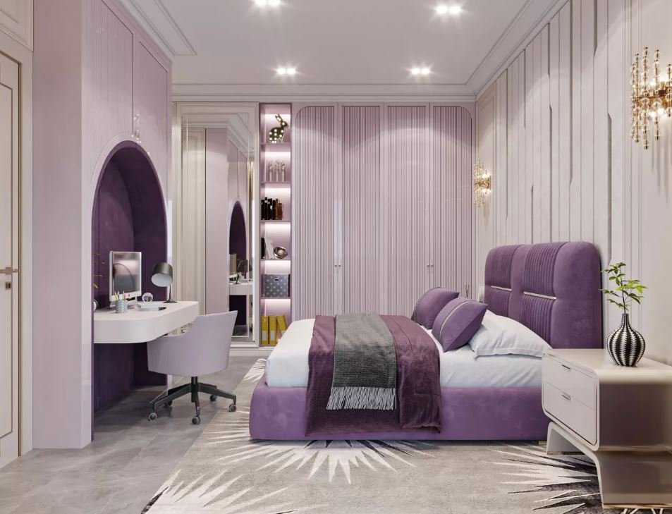 Luxury purple bedroom design with velvet furniture and premium décor