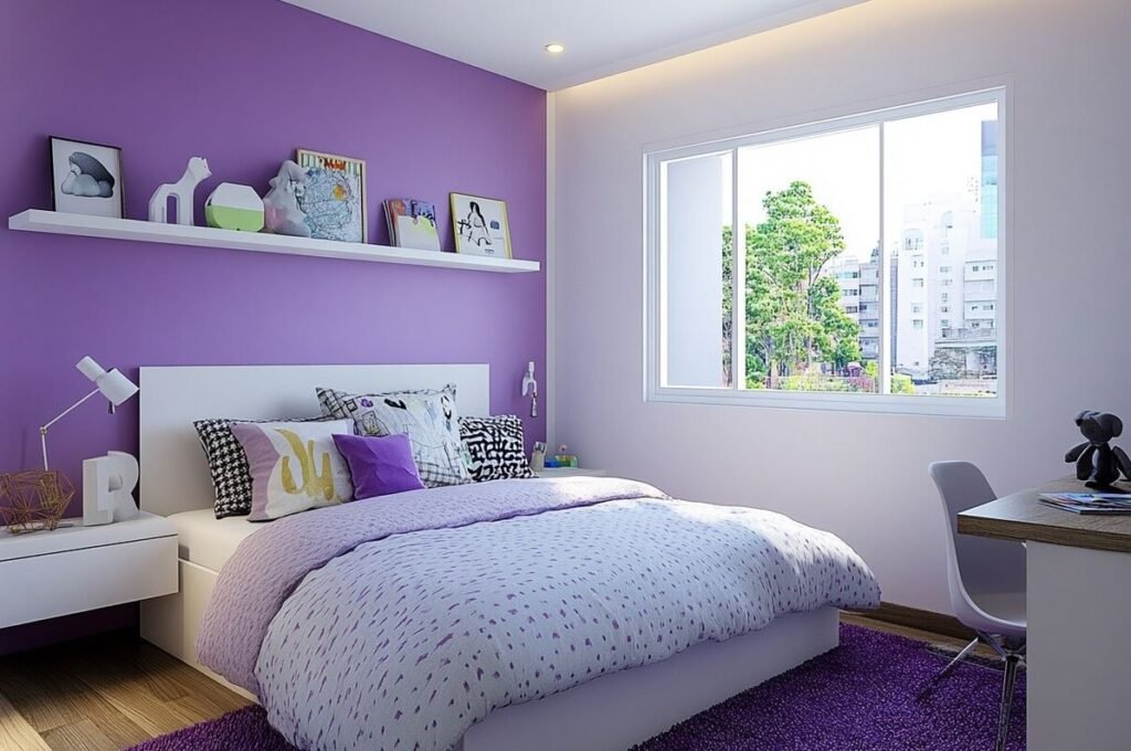 Minimalist purple bedroom design with clean lines and neutral décor