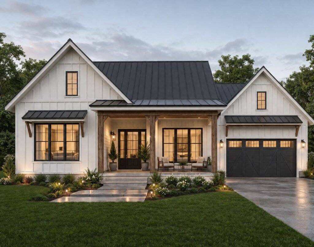 Modern farmhouse single floor house design with a spacious front porch