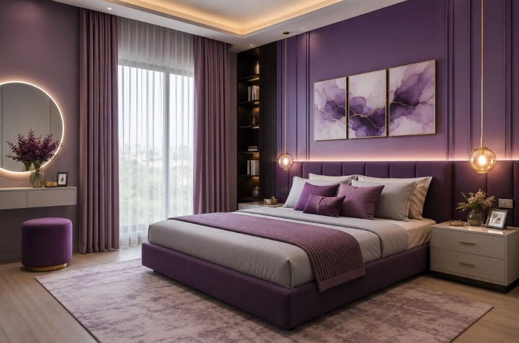 Modern purple bedroom design with stylish furniture and elegant décor