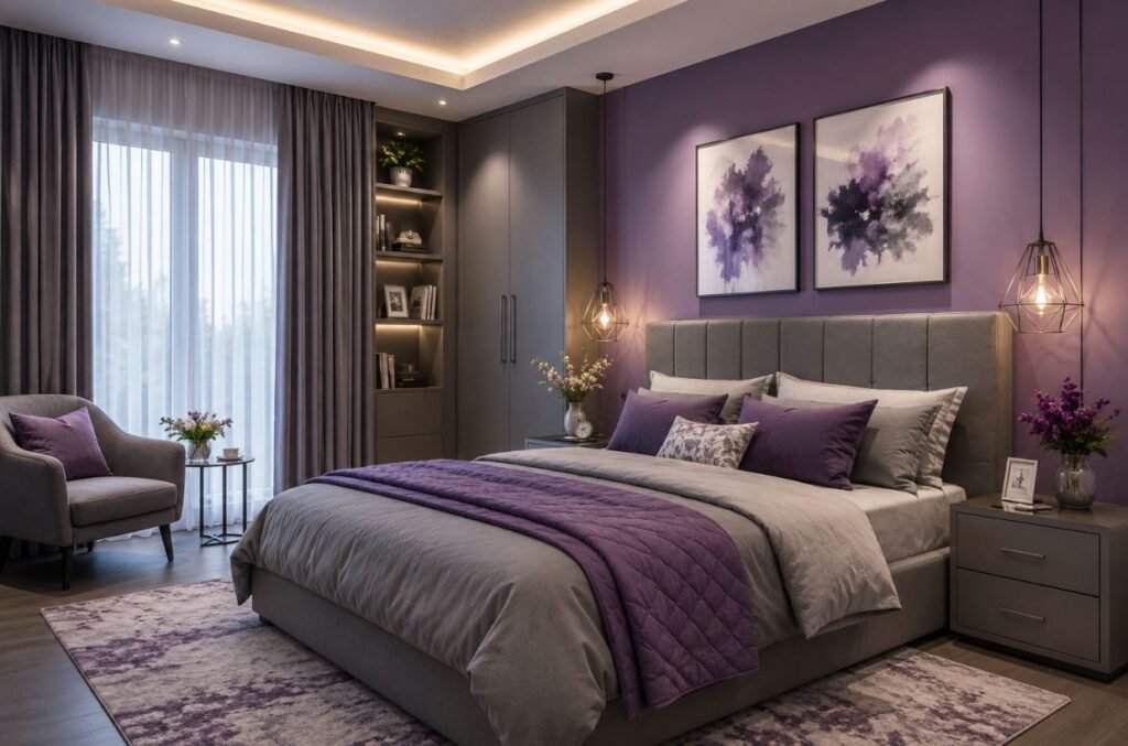 Purple and grey bedroom design with modern furniture and décor