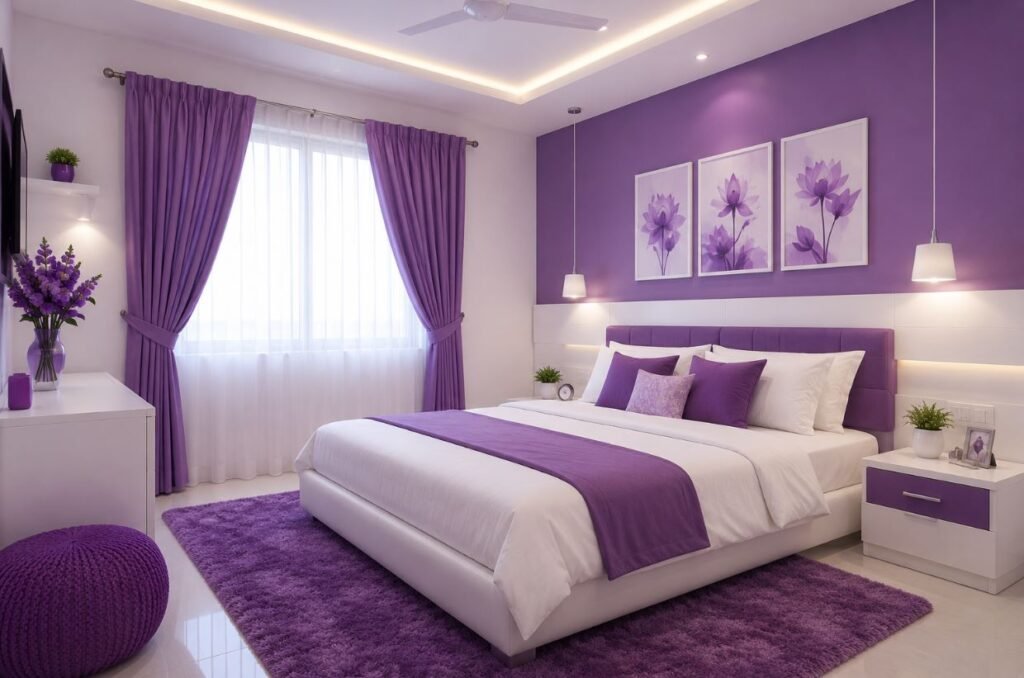 Purple and white bedroom design with modern interior décor
