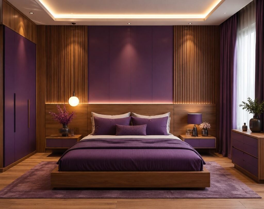 Purple and wood bedroom design with natural wooden furniture and cozy décor