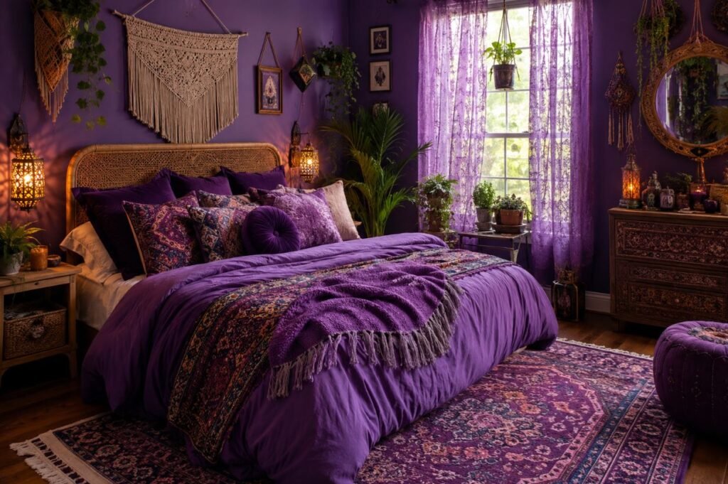 Purple bohemian bedroom with layered textiles and indoor plants