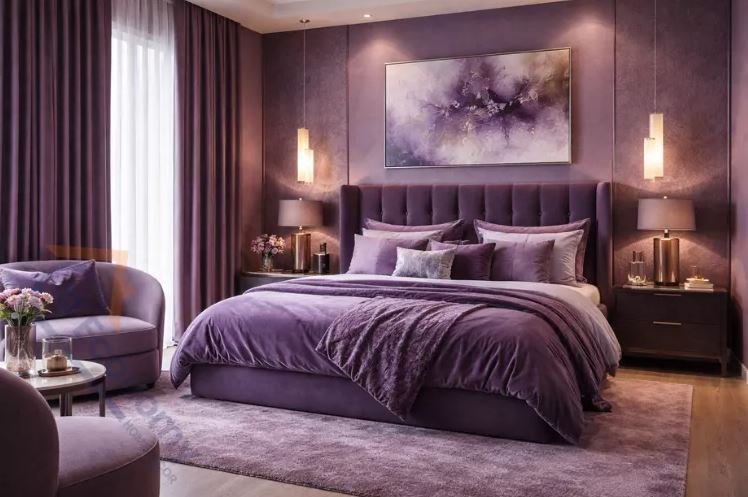 Contemporary purple bedroom design with sleek furniture and modern lighting