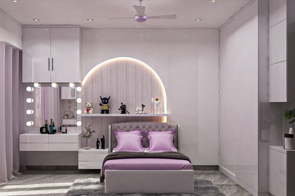 Purple kids' bedroom design with playful décor and colorful furniture