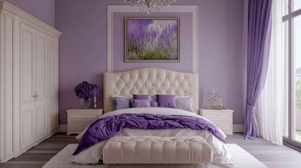 Purple master bedroom design with elegant décor and premium furniture