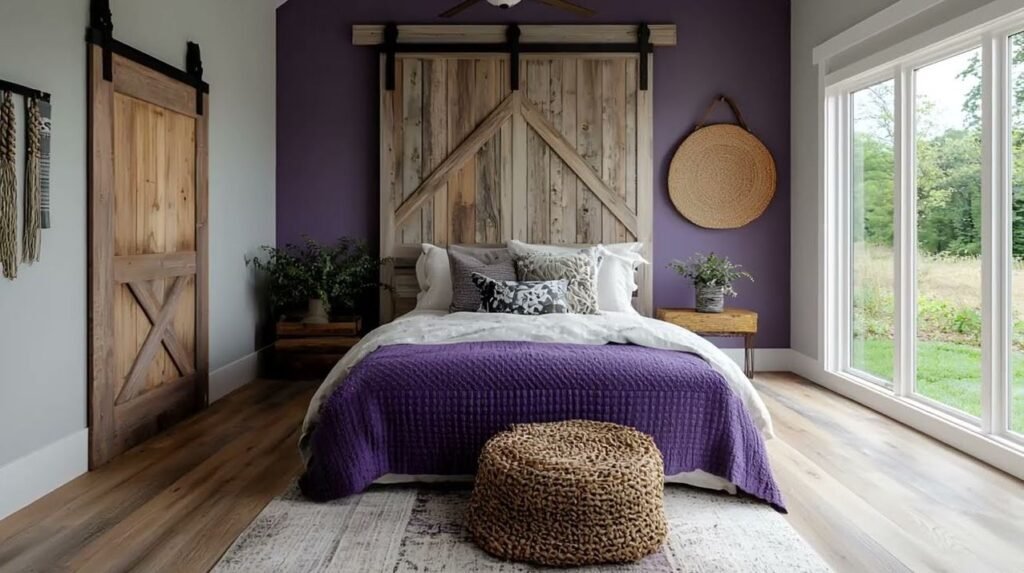 Purple rustic bedroom featuring wooden furniture and cozy interiors