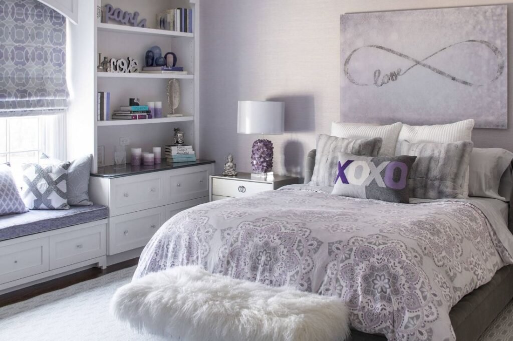 Purple teen bedroom design with modern décor and LED lighting