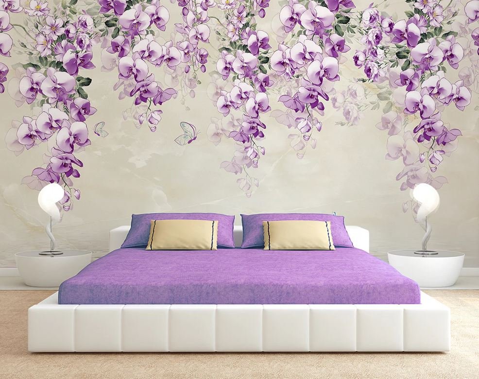 Purple wallpaper bedroom featuring elegant patterned walls