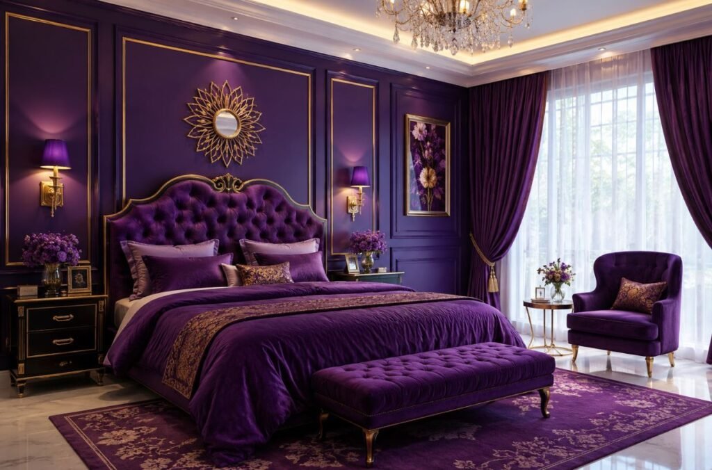 Royal purple bedroom design with luxurious furniture and gold accents