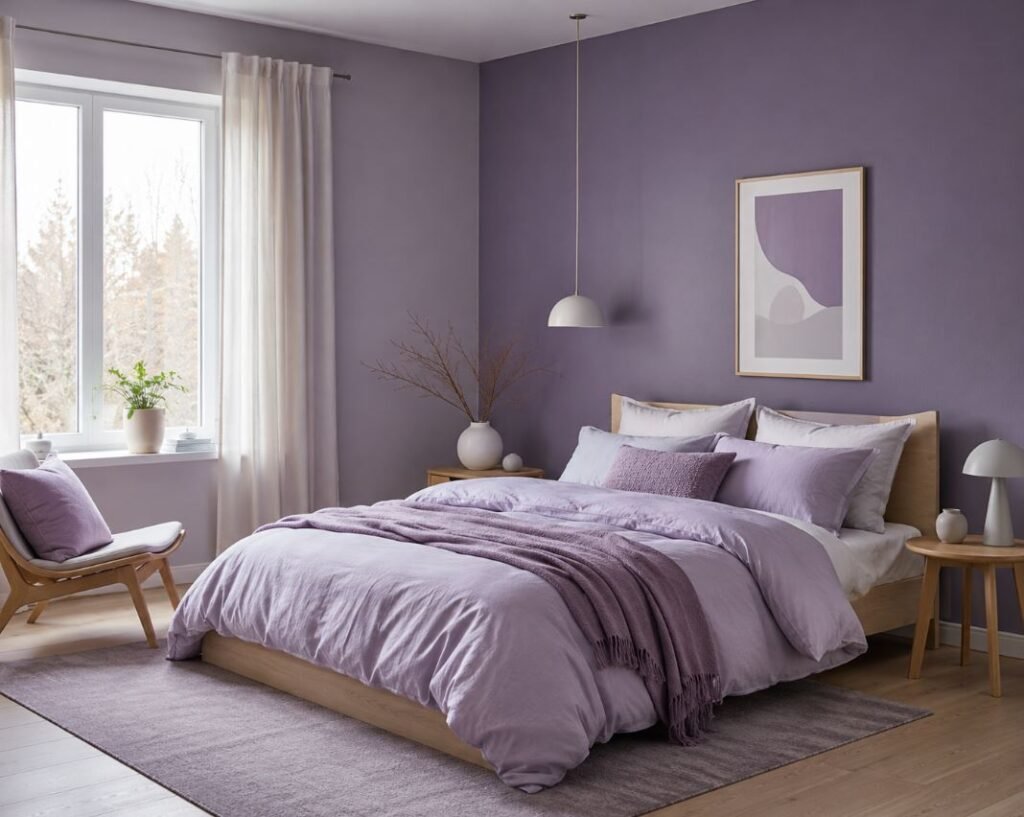 Scandinavian purple bedroom design with light wood furniture