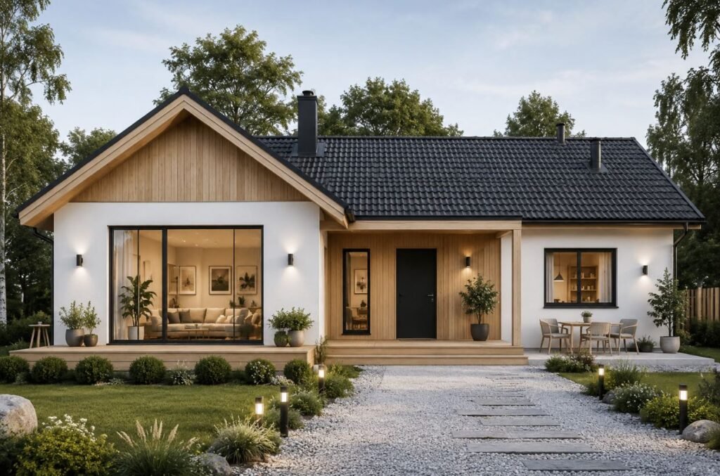 Scandinavian style modern single floor house with wooden accents and large windows