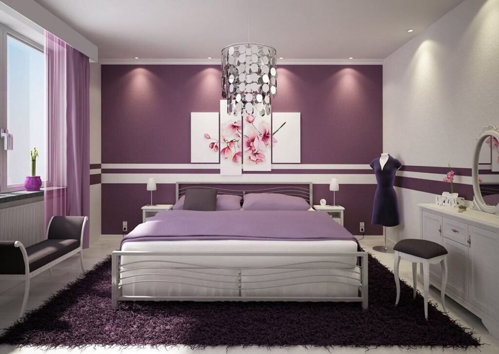 Small purple bedroom design with space-saving furniture and soft colors